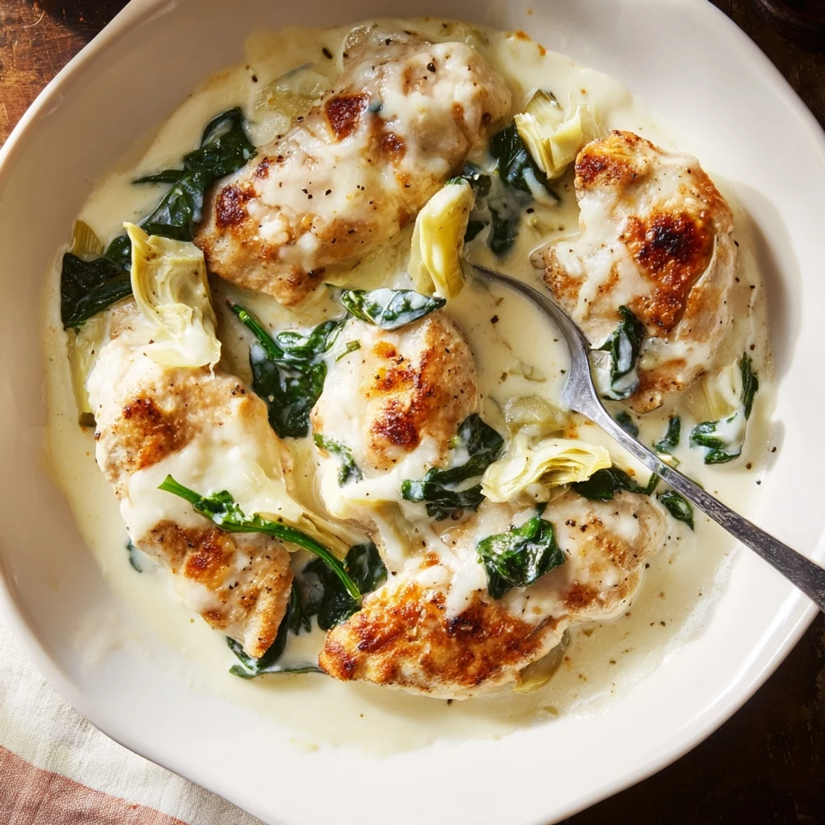 Freshly baked Spinach Artichoke Chicken with Cottage Cheese plated alongside fluffy quinoa and garnished with chopped green herbs.