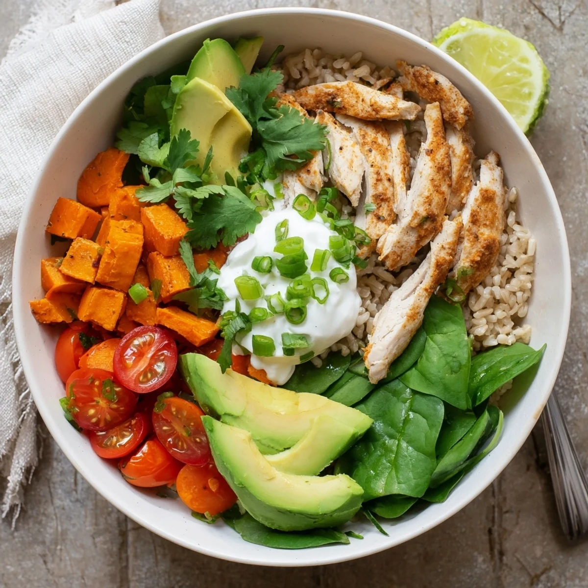 Vibrant Wholesome Chicken Sweet Potato Rice Bowl with roasted vegetables and avocado slices, perfect for a hearty lunch.