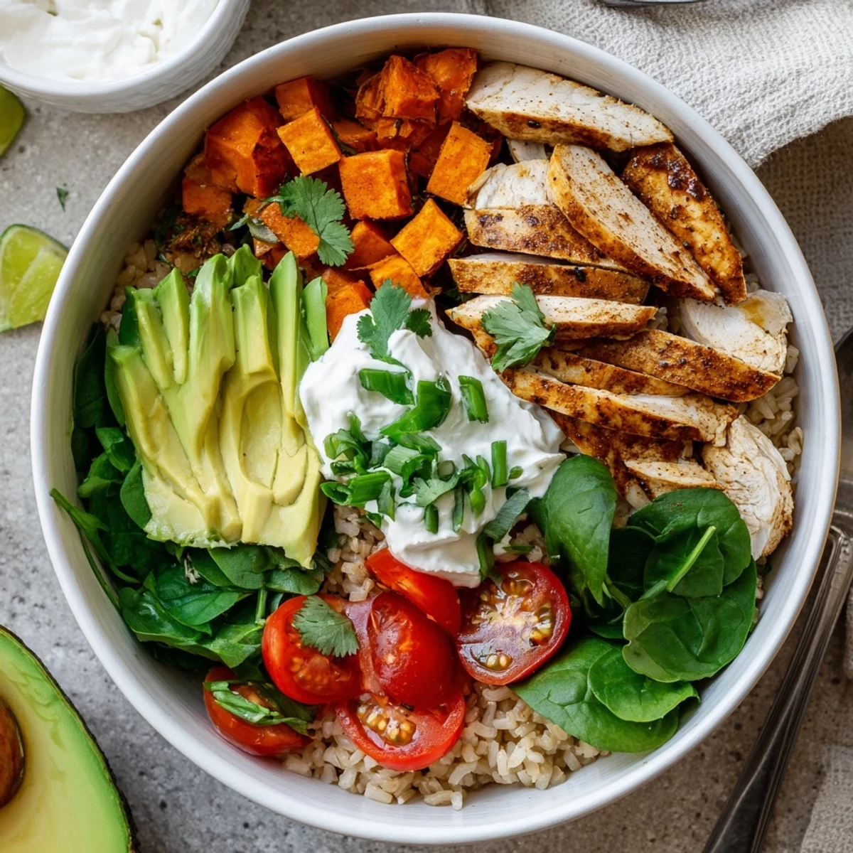 Close-up of Wholesome Chicken Sweet Potato Rice Bowl featuring juicy chicken strips and fluffy rice for a satisfying meal.