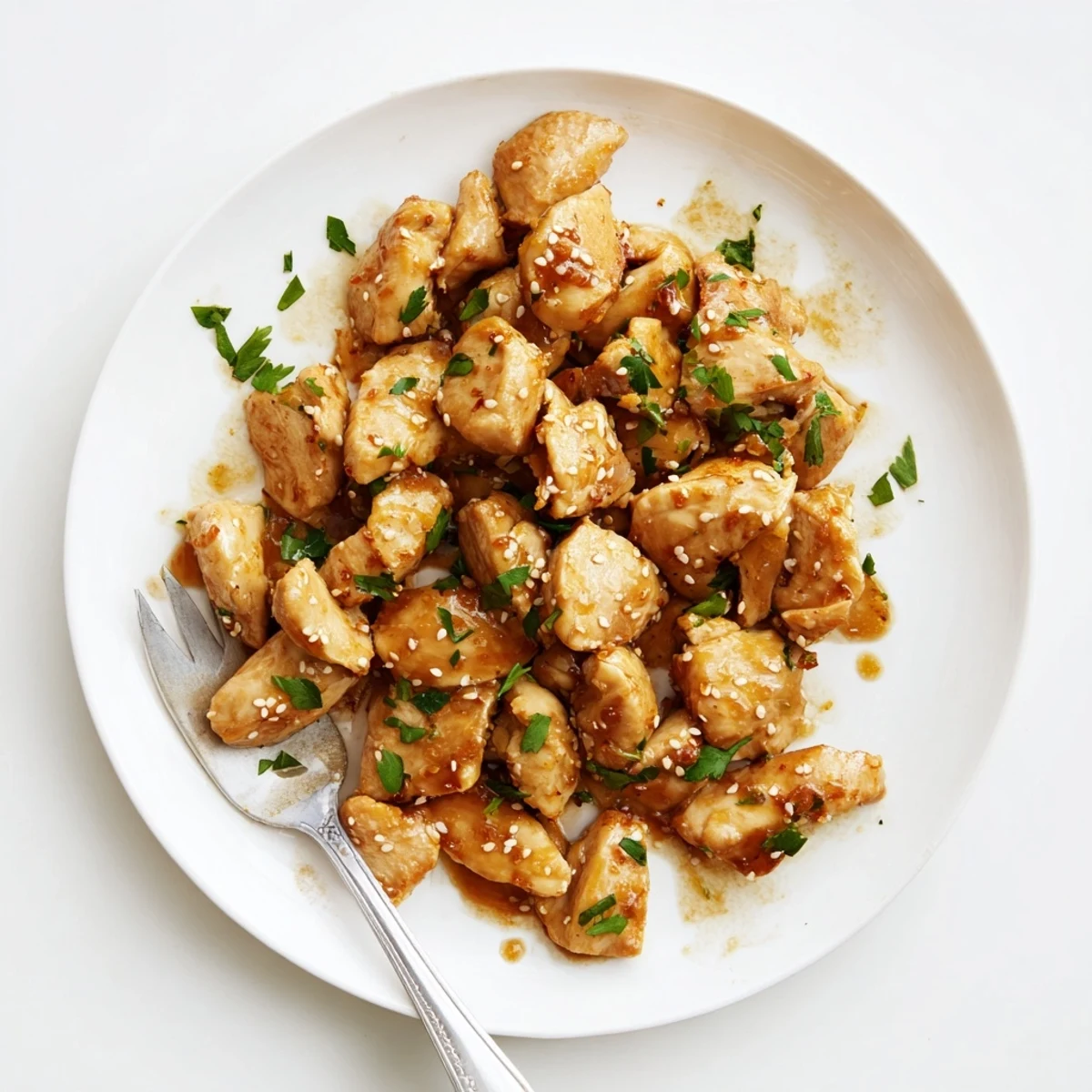 Golden, glazed Honey Butter Chicken pieces garnished with green parsley and sesame seeds.