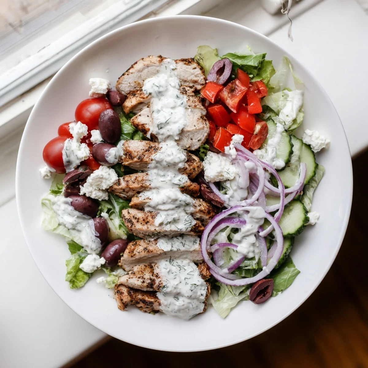 Bright Mediterranean bowl of Tzatziki Chicken Salad with cucumber, red onion, bell pepper, and dill dressing.