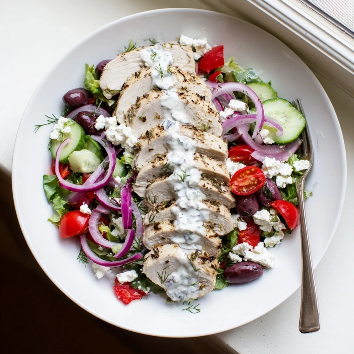 Grilled chicken slices on greens with creamy tzatziki, tomatoes, olives, and feta for Tzatziki Chicken Salad.