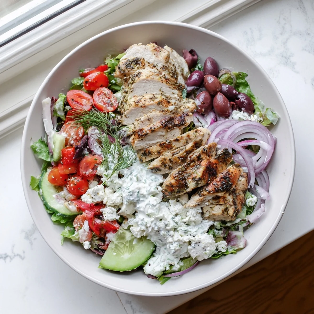 Juicy marinated chicken, crisp veggies, and tangy tzatziki make Tzatziki Chicken Salad a refreshing low-carb main dish.