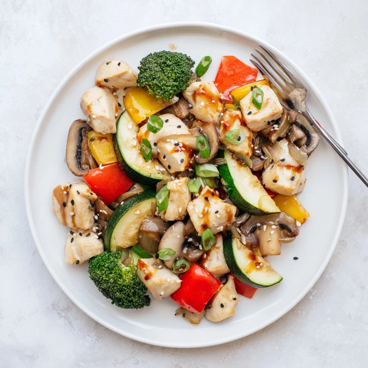 Golden-brown Perfect Easy Air Fryer Hibachi Chicken & Vegetables with zucchini and bell peppers on a platter.