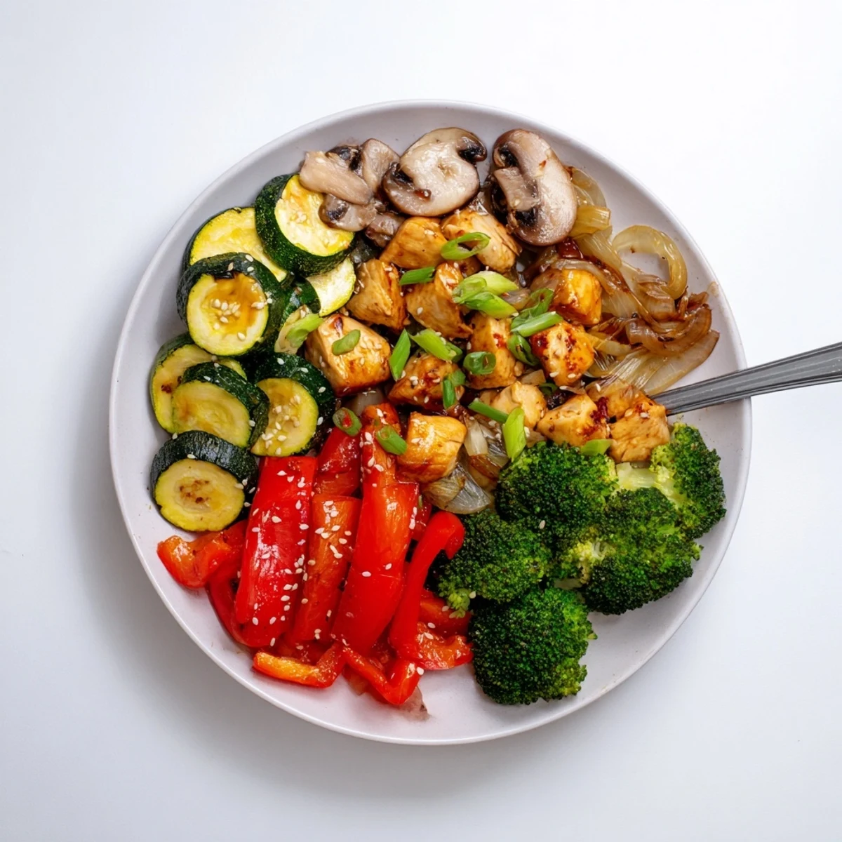 A steaming serving of Perfect Easy Air Fryer Hibachi Chicken & Vegetables ready to eat with rice.