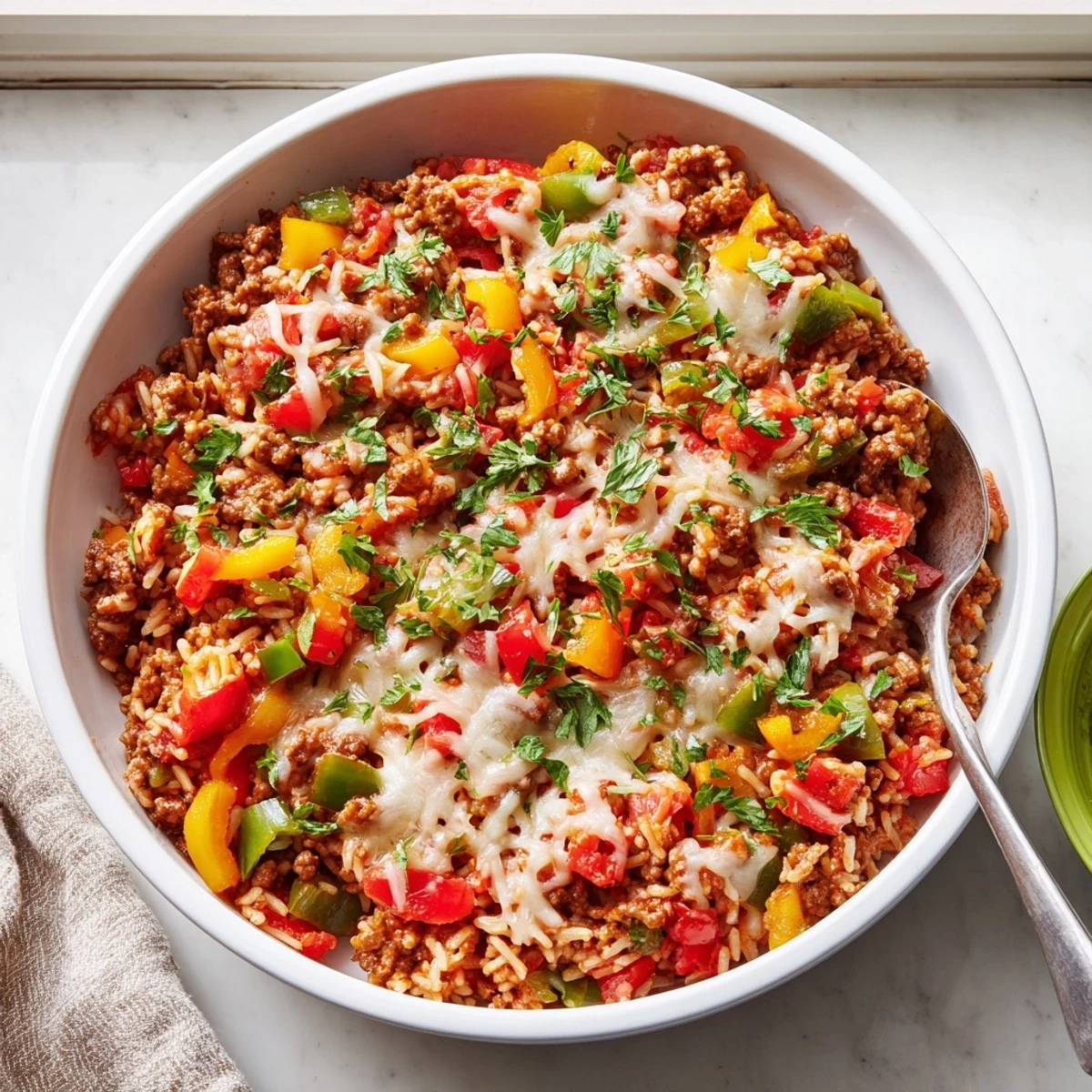 Close-up of the Unstuffed Pepper Skillet in a cast iron pan, melted mozzarella bubbling over hearty ground beef and colorful bell peppers.