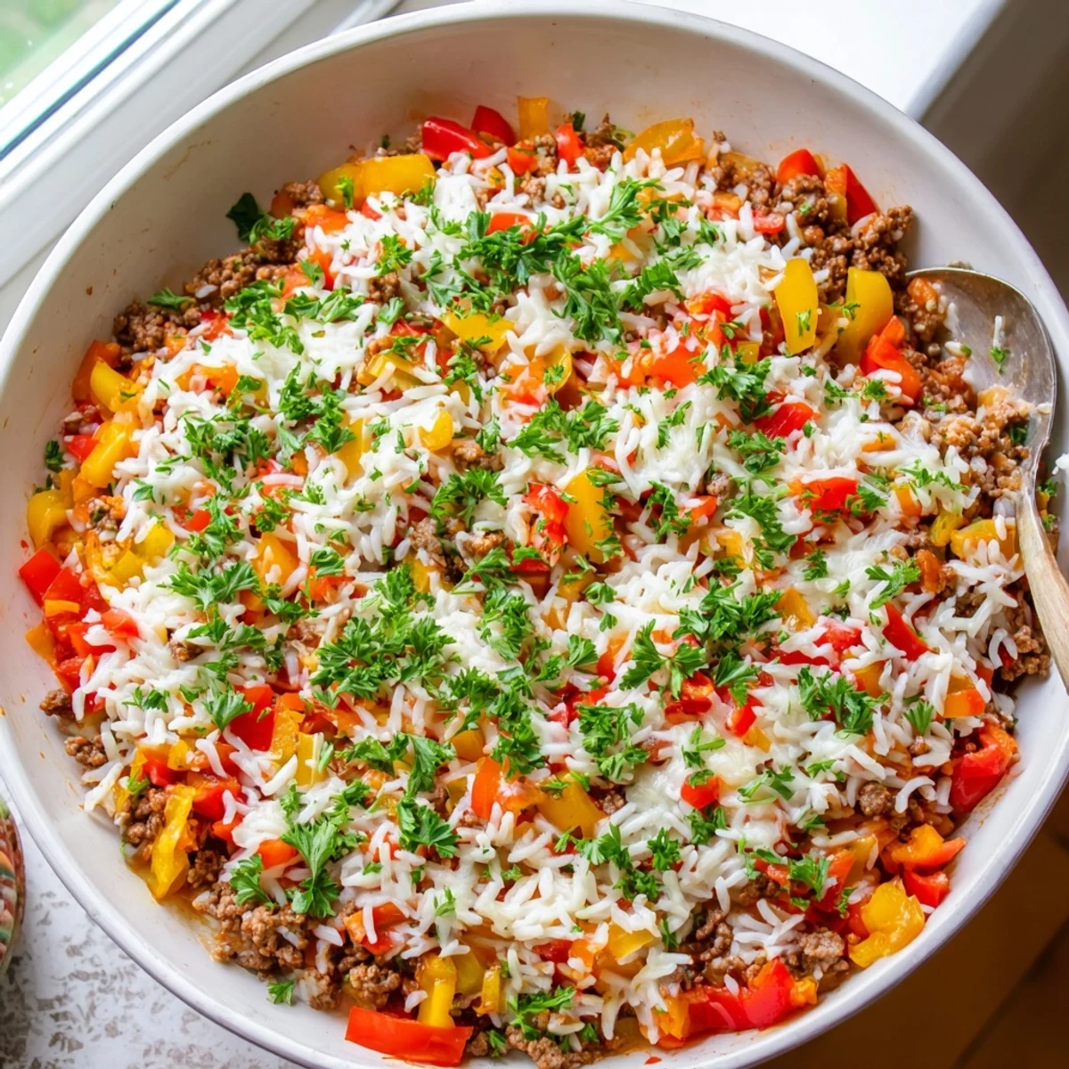 The Unstuffed Pepper Skillet shows tender rice, sautéed onions, and bell peppers mixed with savory tomato sauce and ground beef in a skillet.