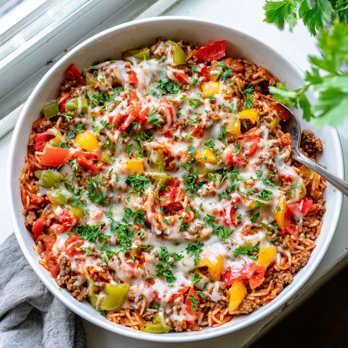 A hearty serving of Unstuffed Pepper Skillet in a white bowl, topped with fresh parsley and a side salad for a complete dinner.