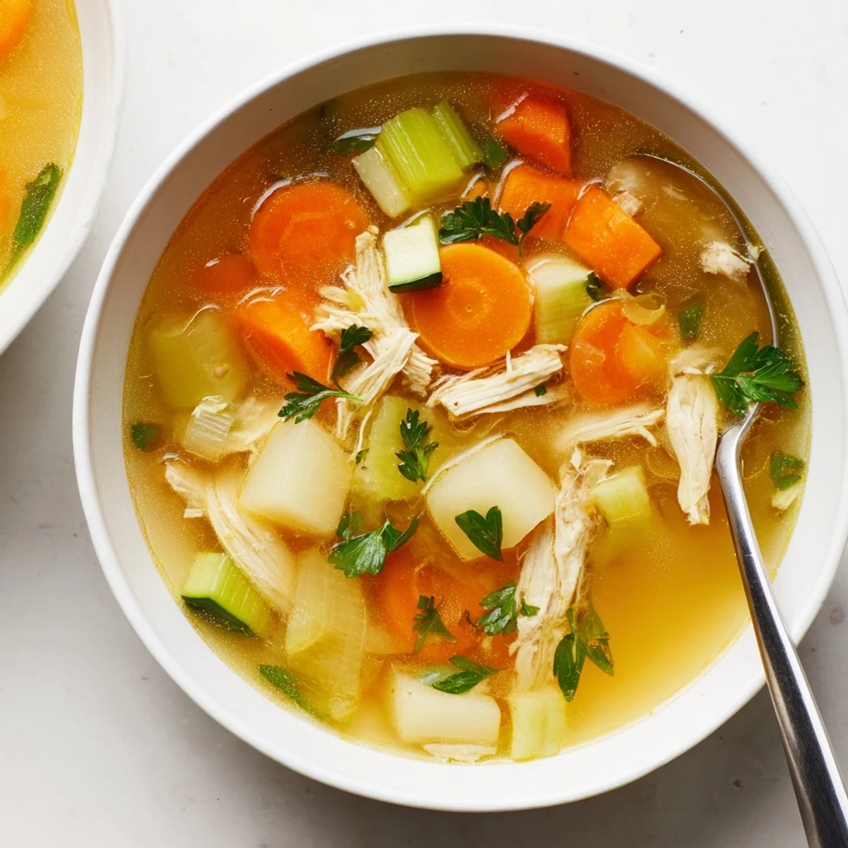 Steaming bowl of The Best Healing Chicken Soup with tender shredded chicken and bright lemon garnish.