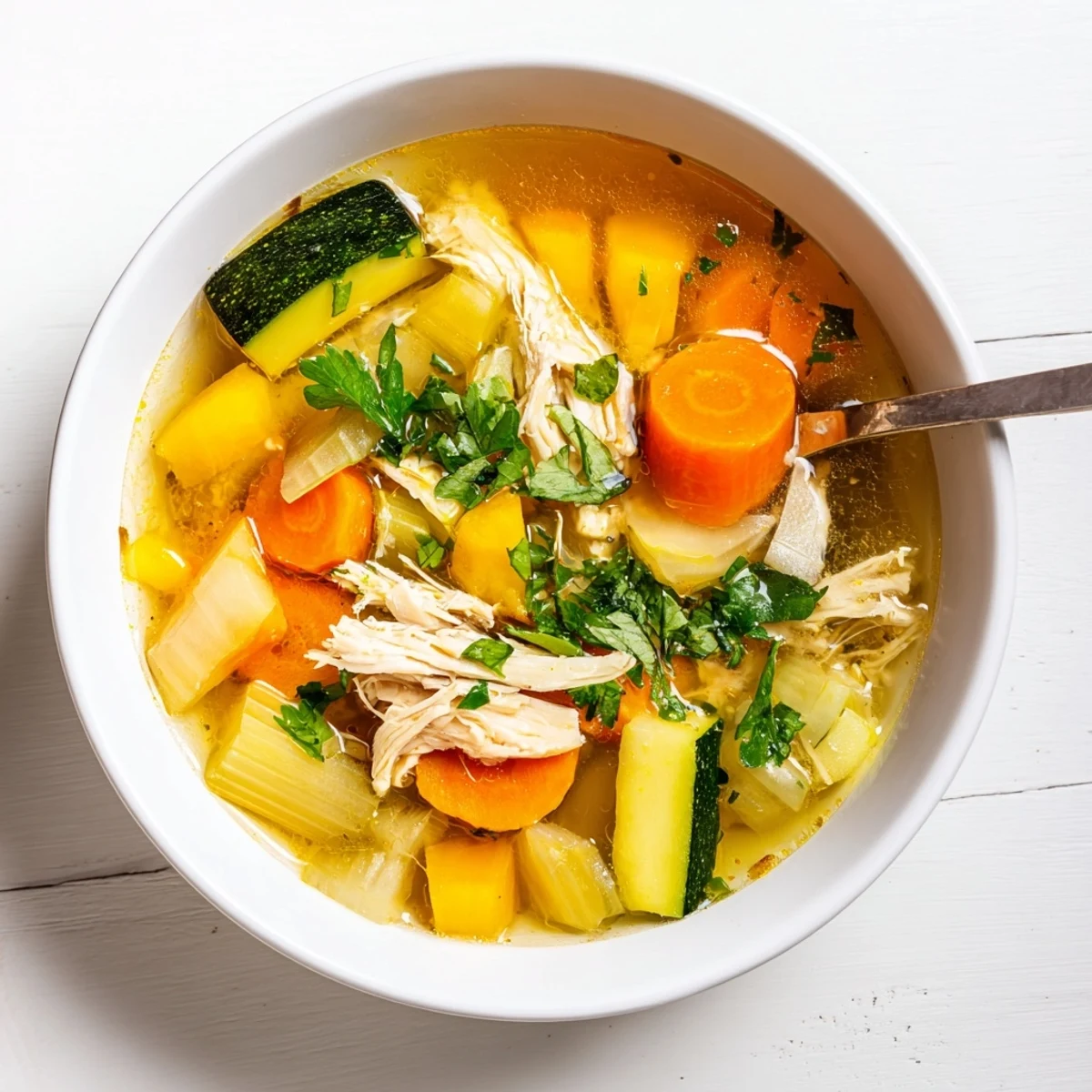 A large pot of The Best Healing Chicken Soup simmers with carrots, celery, and aromatic herbs.
