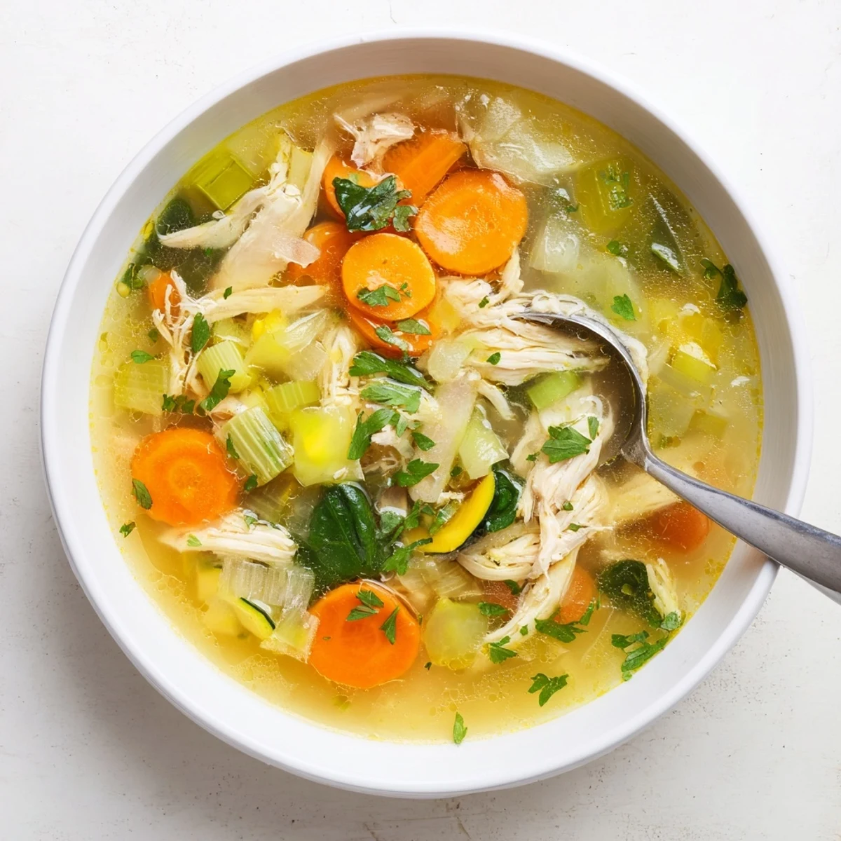 Nourishing The Best Healing Chicken Soup served in a rustic mug, paired with crusty bread on the side.
