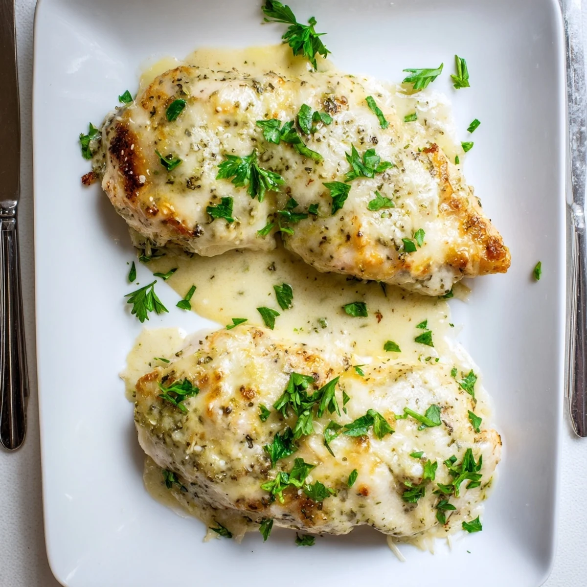 Creamy Parmesan Baked Caesar Chicken rests in a bubbling sauce, revealing a rich golden-brown cheese crust from the oven in a 9x13-inch baking dish.
