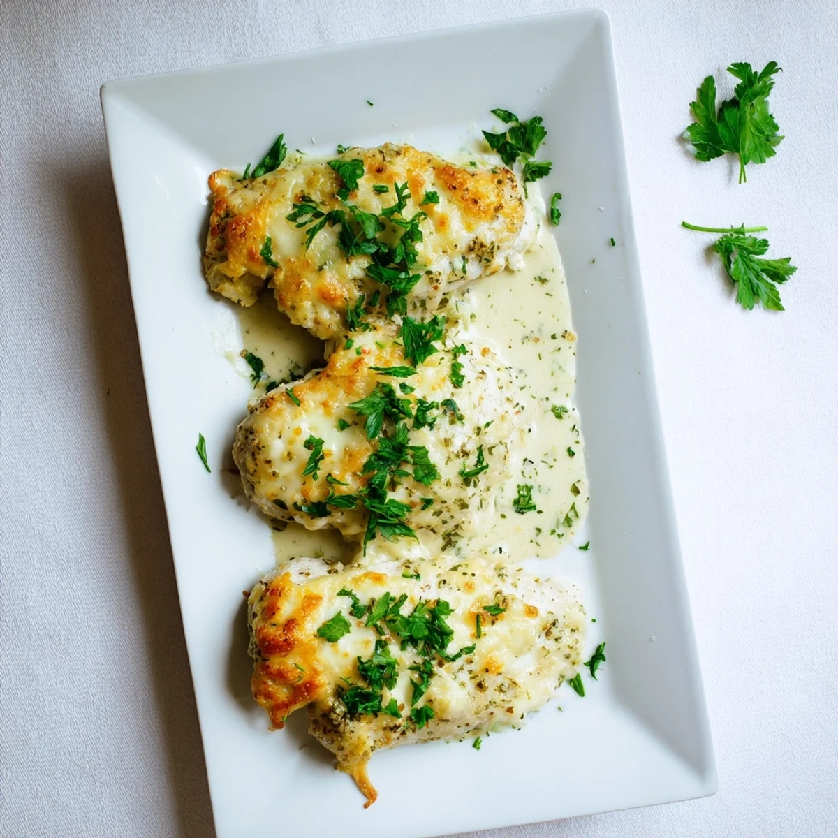 Golden baked Caesar chicken breasts topped with melted mozzarella and fresh parsley, served alongside roasted vegetables and garlic bread for a comforting dinner.
