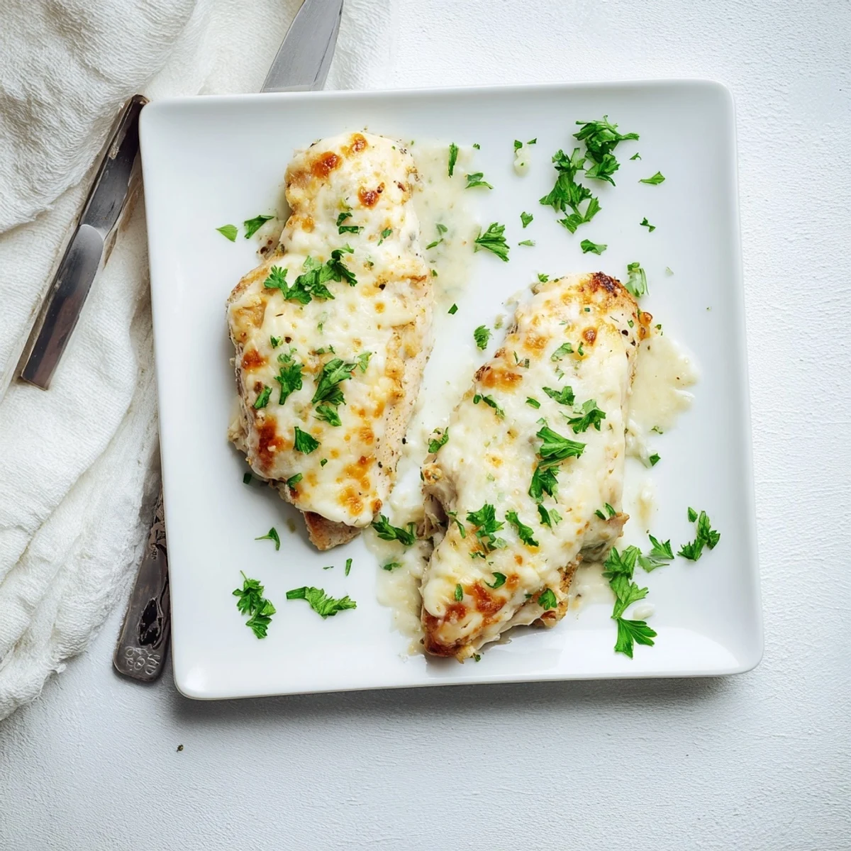 Juicy chicken breasts smothered in a creamy Caesar-Parmesan sauce, garnished with fresh parsley and served with a crisp green salad for a complete meal.