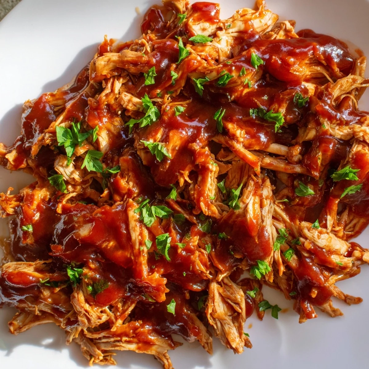 Juicy, tender Sweet Baby Rays Crockpot Chicken simmering in a slow cooker with a glossy, sweet barbecue glaze.