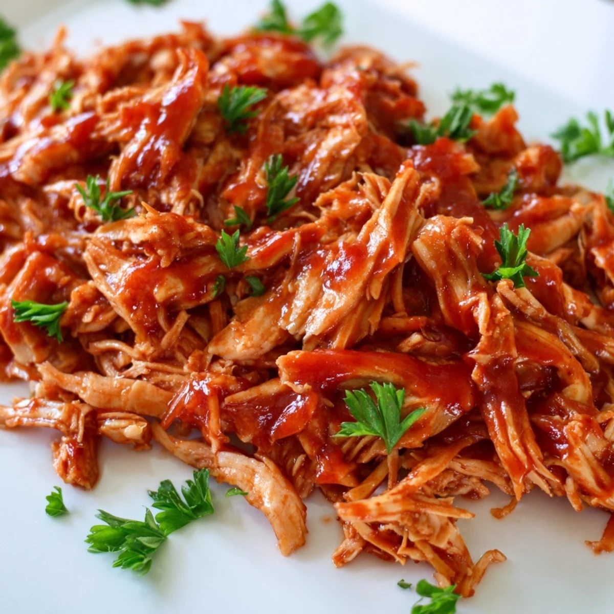 Shredded Sweet Baby Rays Crockpot Chicken on a plate with fluffy mashed potatoes and steamed green beans.