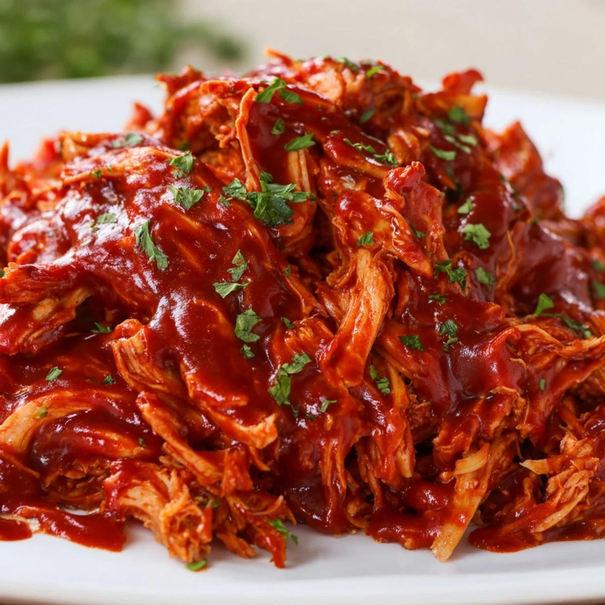 Sweet Baby Rays Crockpot Chicken served in a soft hamburger bun, topped with fresh parsley and sesame seeds.