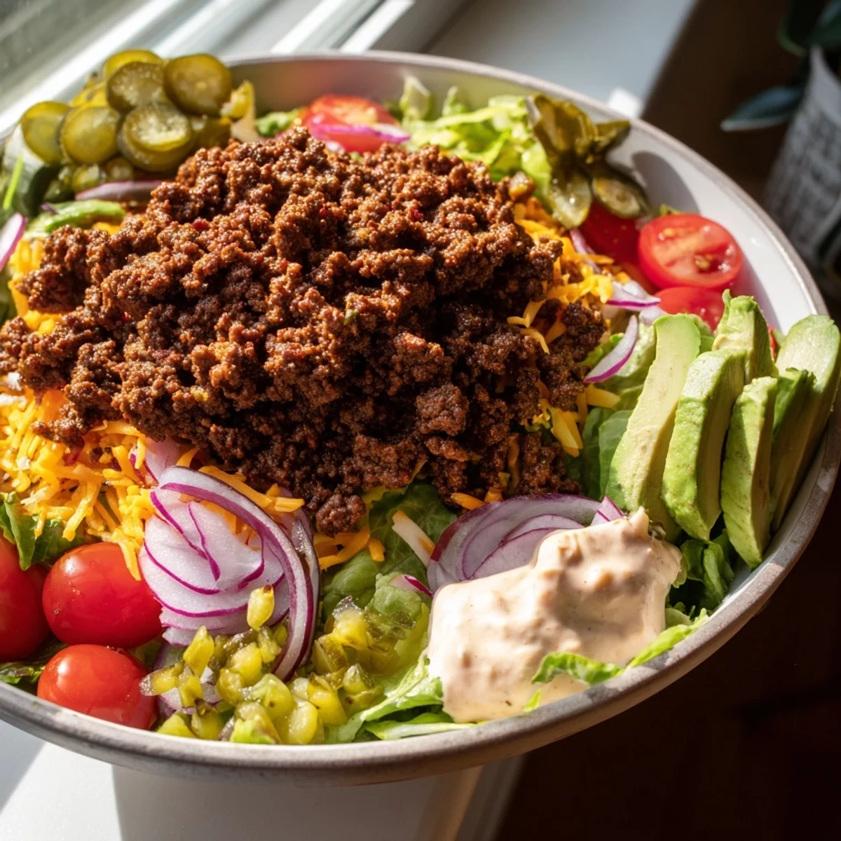Colorful Burger Bowls with seasoned ground beef, crisp romaine, cheddar, and avocado slices drizzled with creamy sauce.