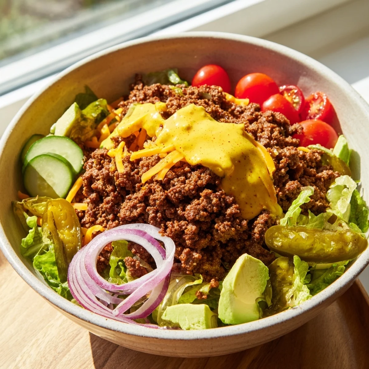 Appetizing Burger Bowls featuring juicy beef, melted cheese, and fresh veggies, perfect for meal prep on a busy weeknight.