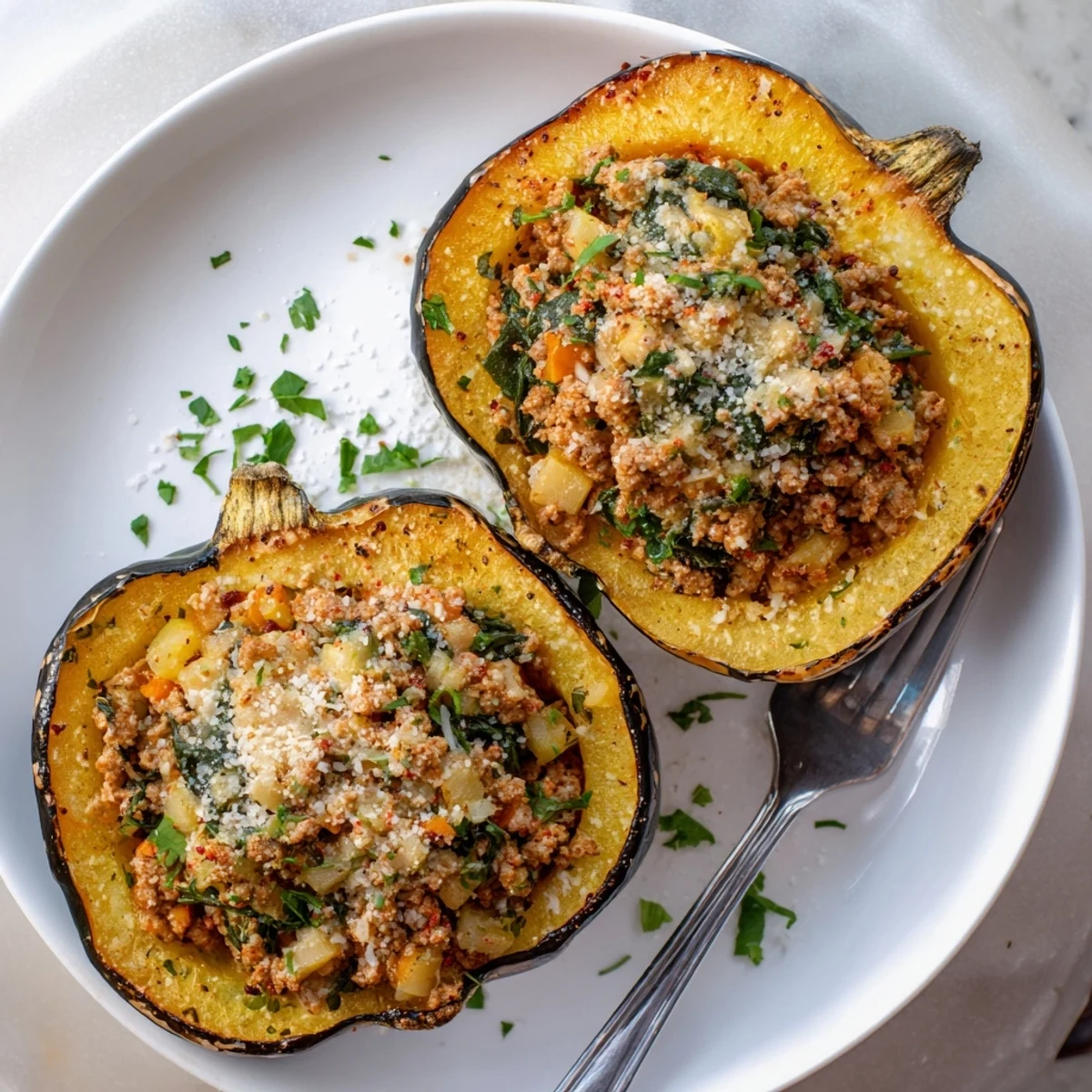 Golden roasted acorn squash halves overflowing with savory turkey stuffing, garnished with fresh parsley for a cozy autumn meal.