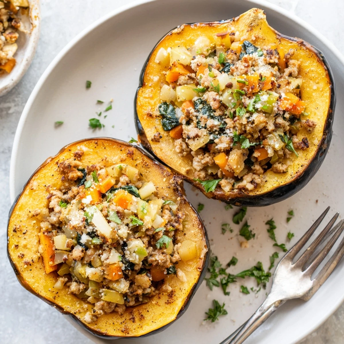 Savory turkey and vegetable filling nestled inside tender baked acorn squash, topped with melted Parmesan cheese and fresh herbs.