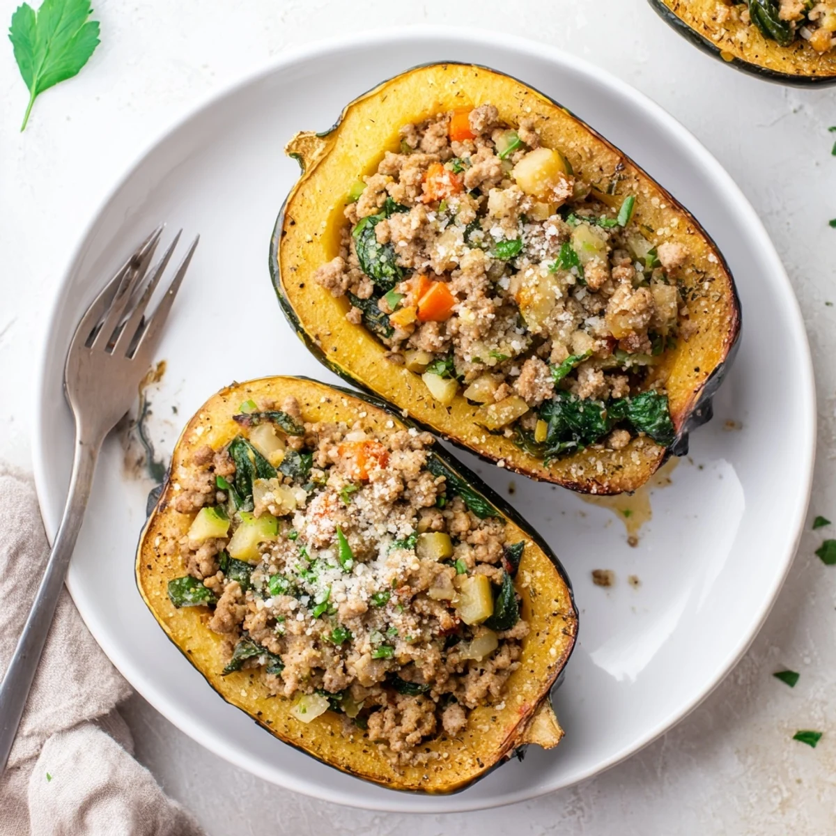 Hearty gluten-free Turkey Stuffed Acorn Squash served hot, showcasing colorful vegetables and savory spices on a rustic plate.