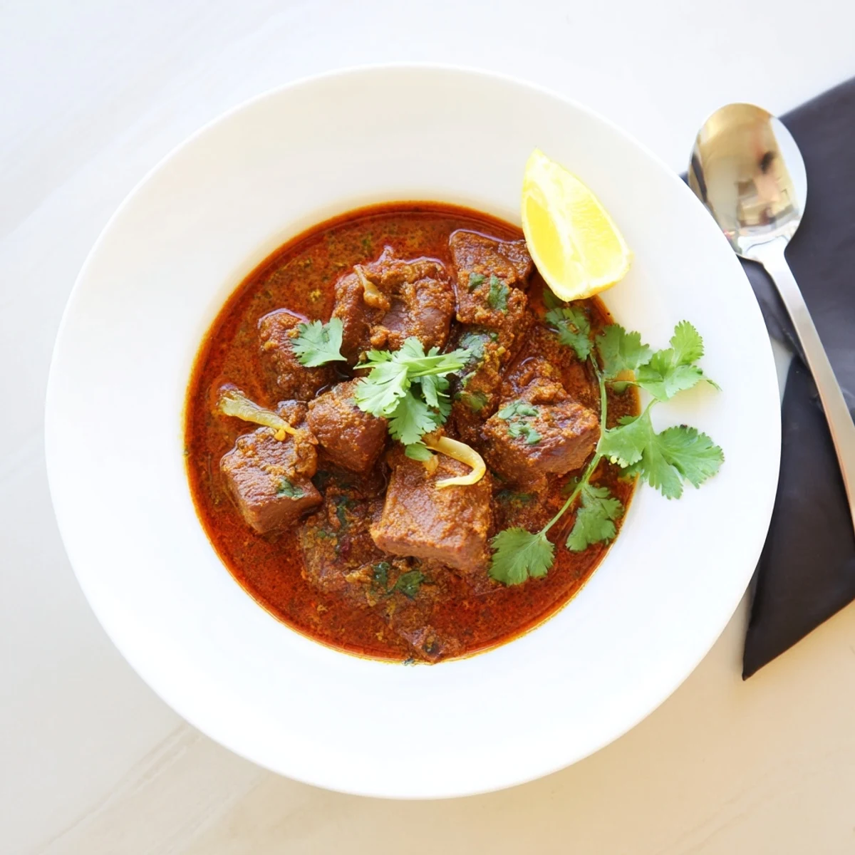 Tender beef cubes simmered in a fragrant Indian Beef Curry with Tomato Gravy, garnished with fresh cilantro and served with basmati rice.