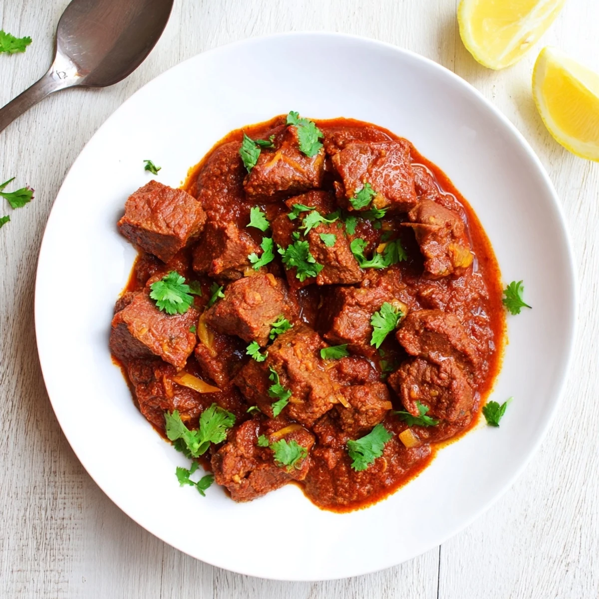 Golden-hued Indian Beef Curry with Tomato Gravy bubbles in a pot, featuring aromatic spices and a rich, savory sauce for dipping naan.