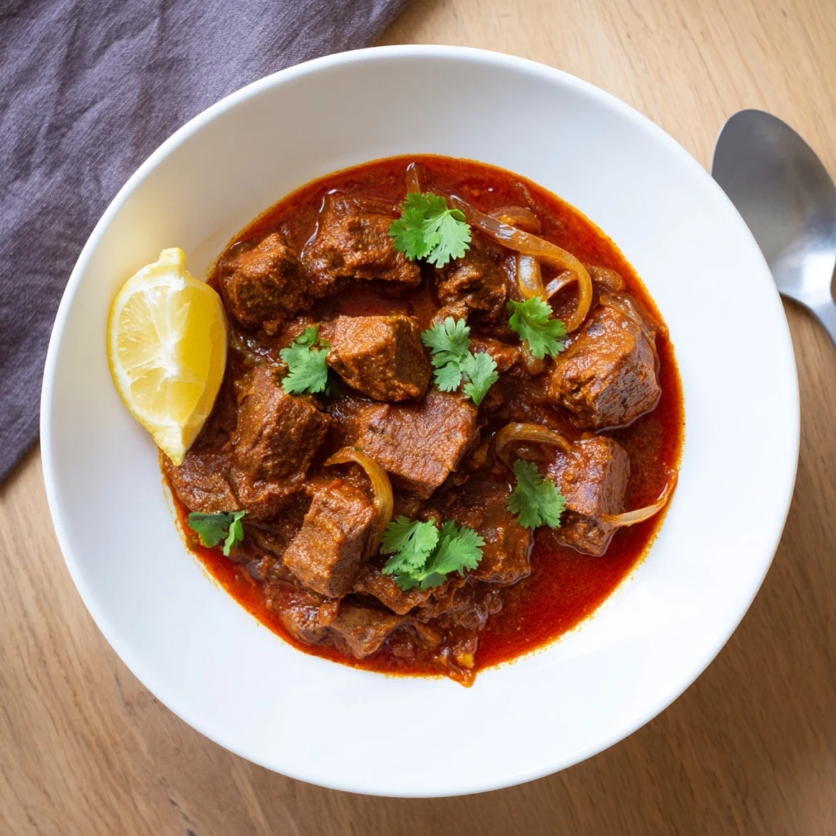 A close-up of Indian Beef Curry with Tomato Gravy reveals tender meat and a velvety red gravy, paired with lemon wedges for brightness.