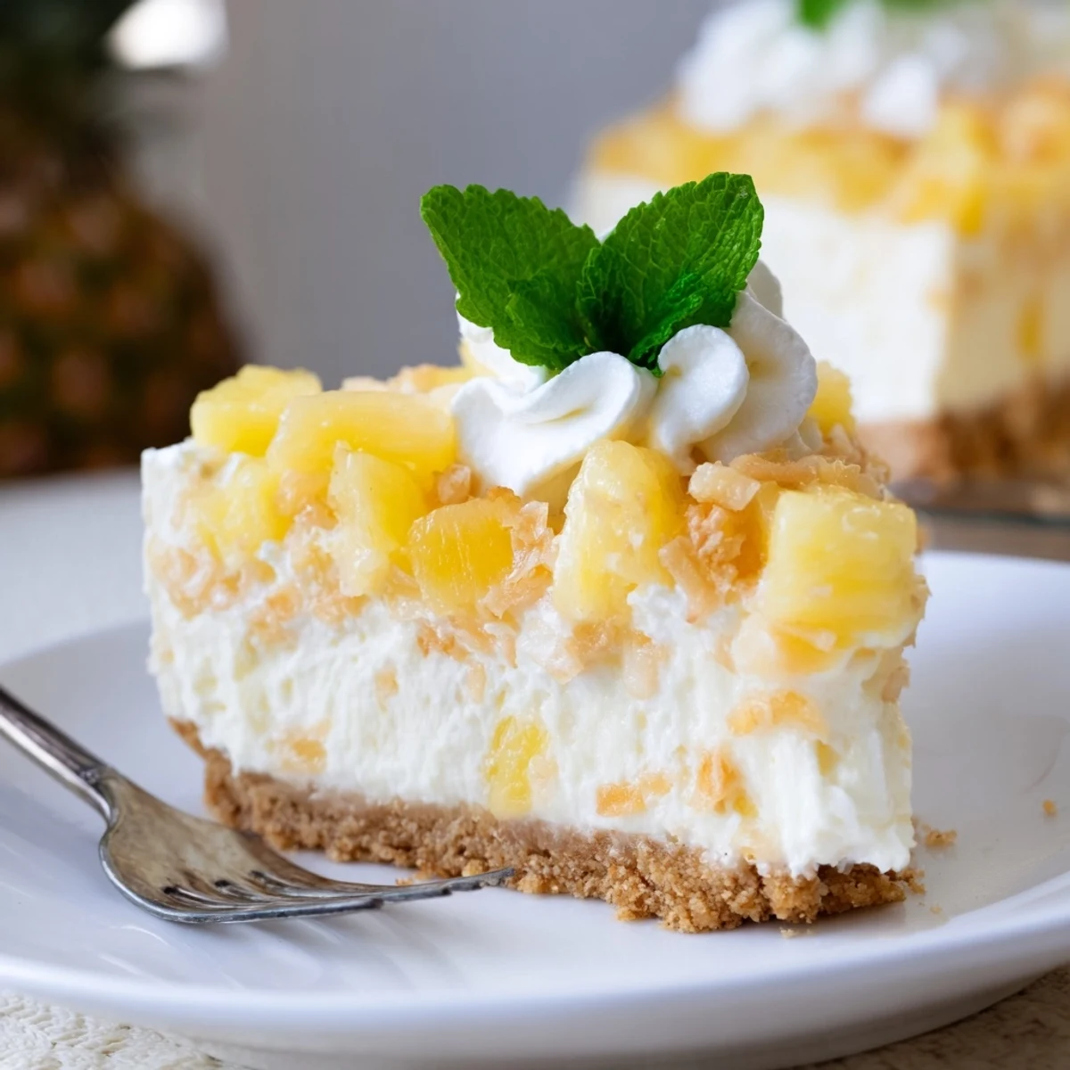 A chilled No Bake Pineapple Cheesecake slice with creamy filling and a buttery graham cracker crust, topped with juicy pineapple bits.  