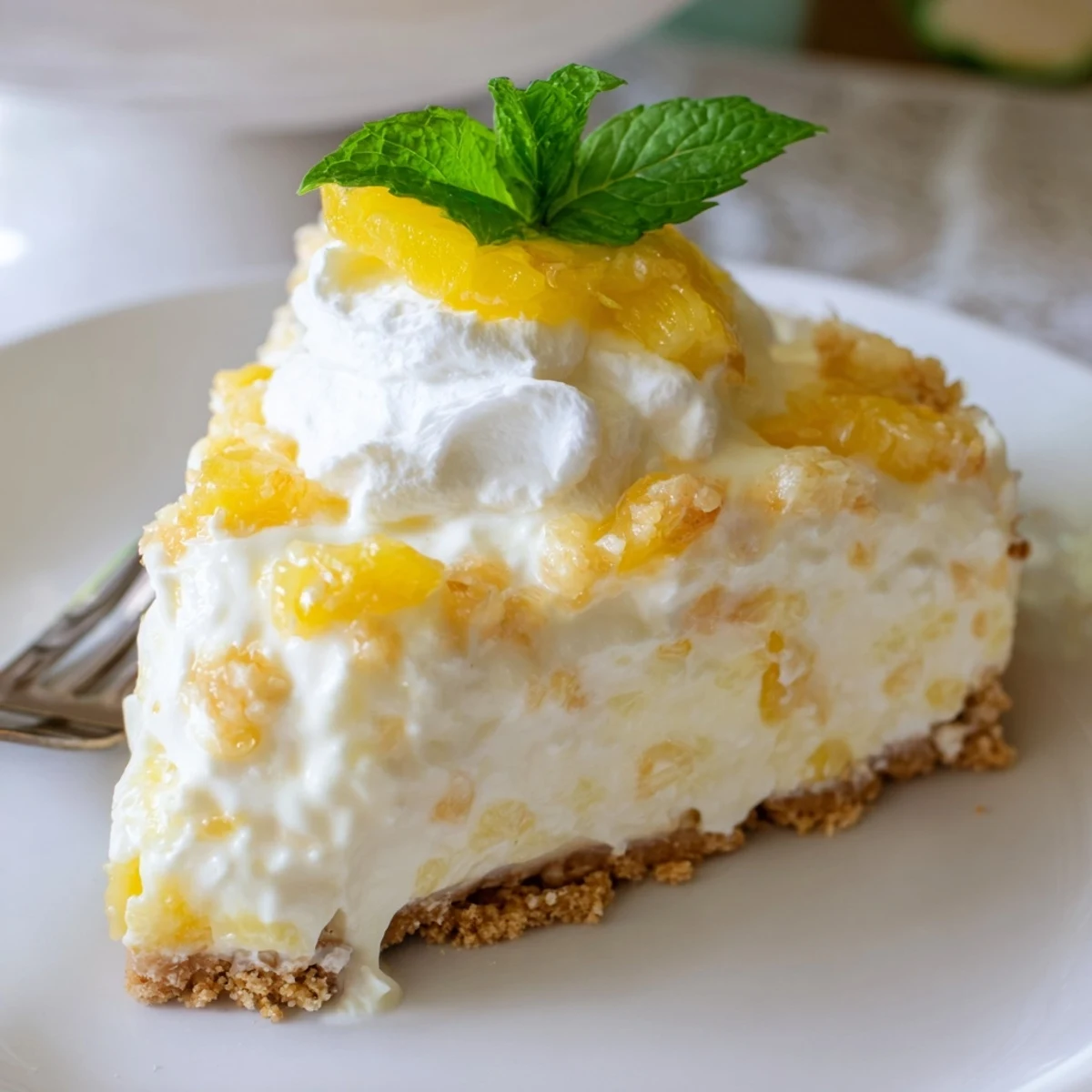 No Bake Pineapple Cheesecake served on a summer table with fresh pineapple garnish and a mint leaf accent for extra color.  