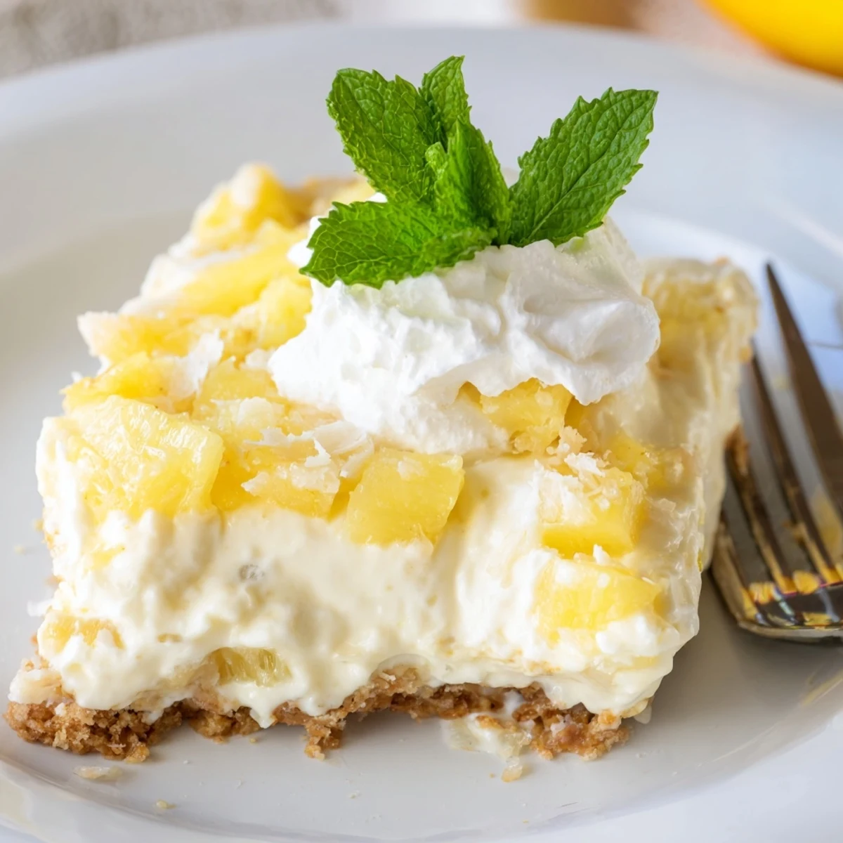 This No Bake Pineapple Cheesecake shows a creamy wedge on a plate with crushed pineapple topping and a graham crust base.