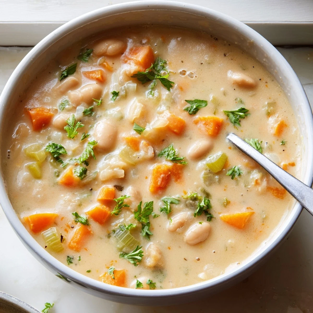 Steaming bowl of Cozy Rosemary Garlic White Bean Soup with crusty bread for dipping.