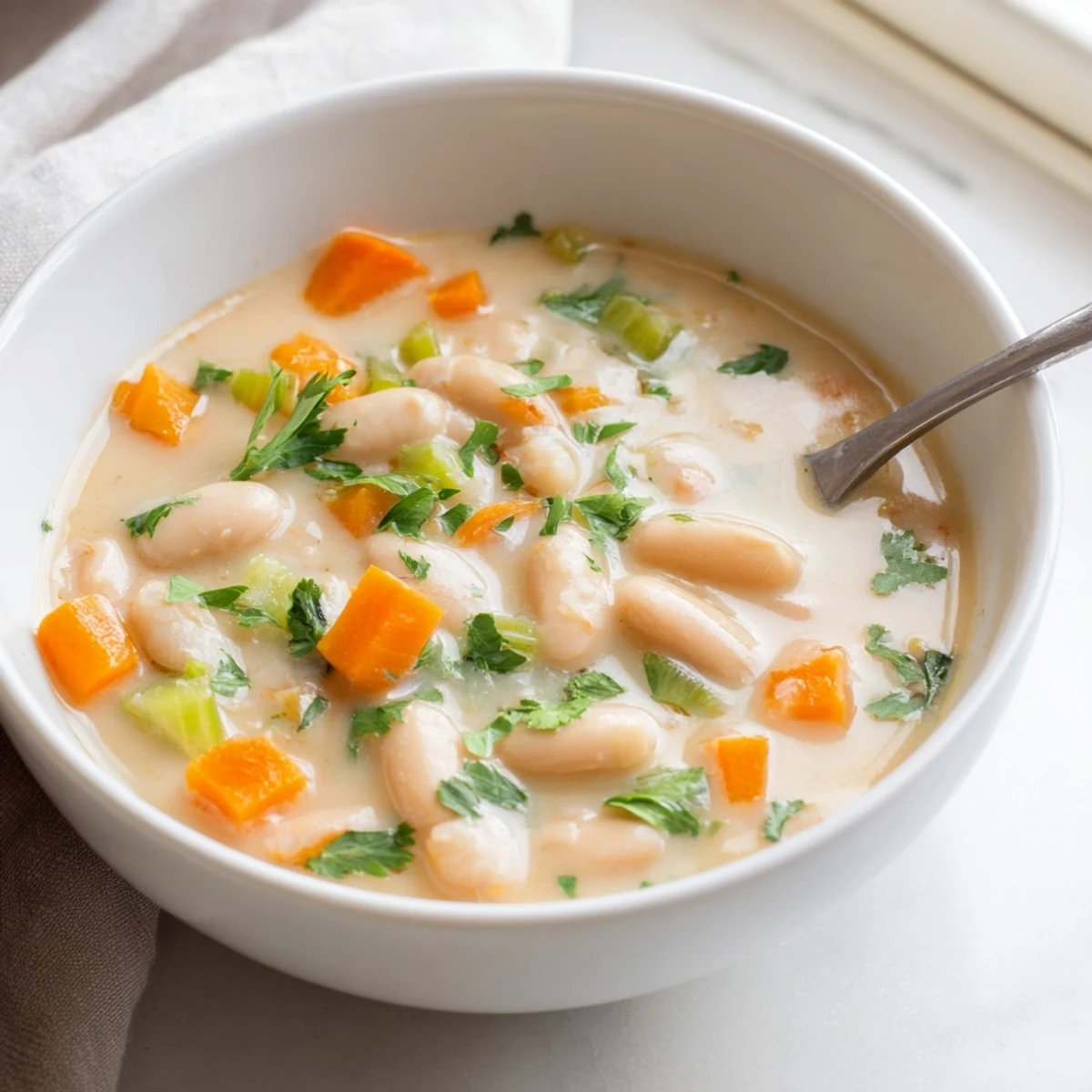 Rustic Cozy Rosemary Garlic White Bean Soup served in a mug with fresh parsley.