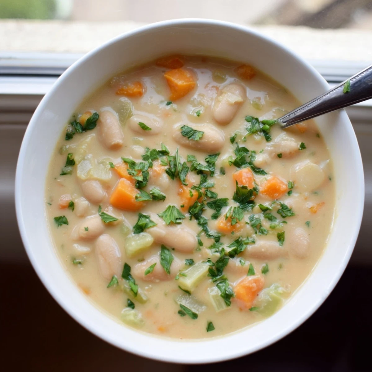 Creamy Cozy Rosemary Garlic White Bean Soup with carrots, celery, and aromatic rosemary.