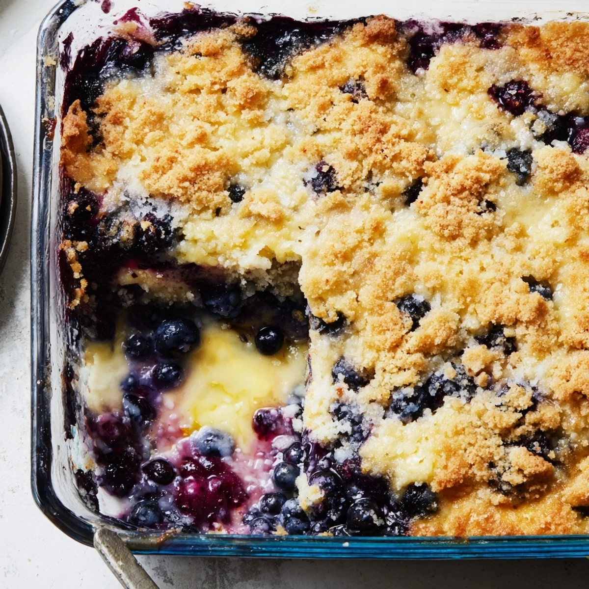 Golden cake crumbs top the bubbly Lemon Blueberry Cheesecake Dump Cake served with vanilla ice cream.