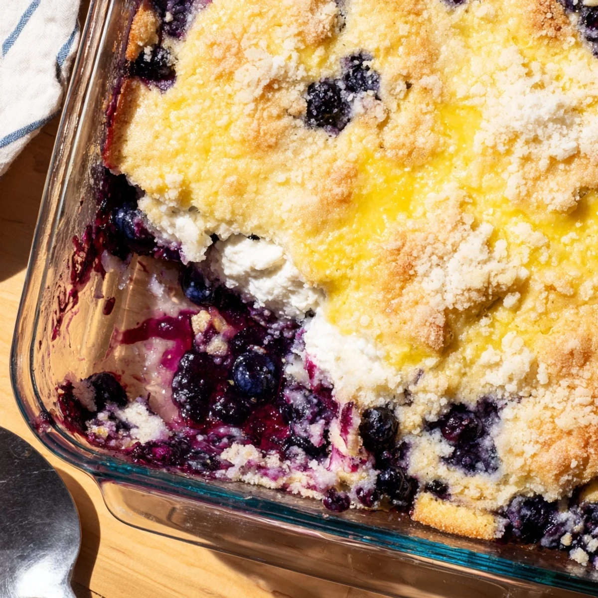 A warm slice of Lemon Blueberry Cheesecake Dump Cake reveals blueberry pie filling and creamy layers.