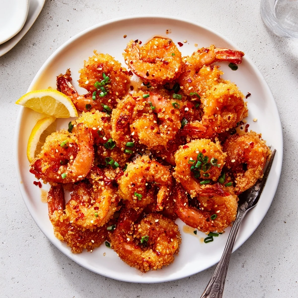 Crispy golden Hot Honey Fried Shrimp glistening with sweet spicy glaze, served with lemon wedges and fresh chives