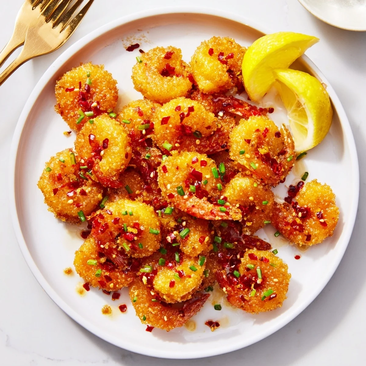 Close-up of Hot Honey Fried Shrimp piled on a plate, crunchy panko coating with a drizzling honey hot sauce