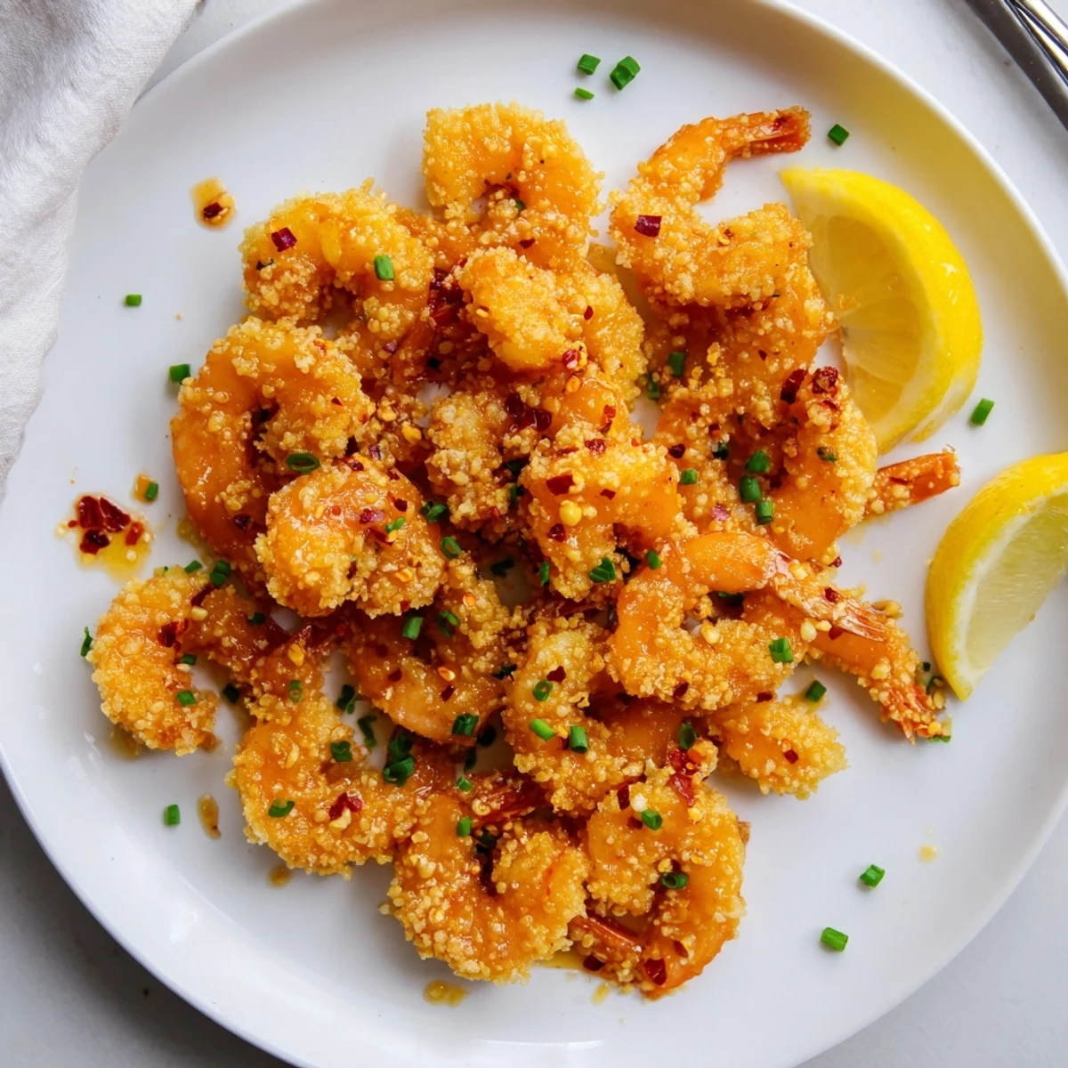 Appetizer platter of Hot Honey Fried Shrimp tossed in glaze, garnished with herbs and lemon wedges for serving