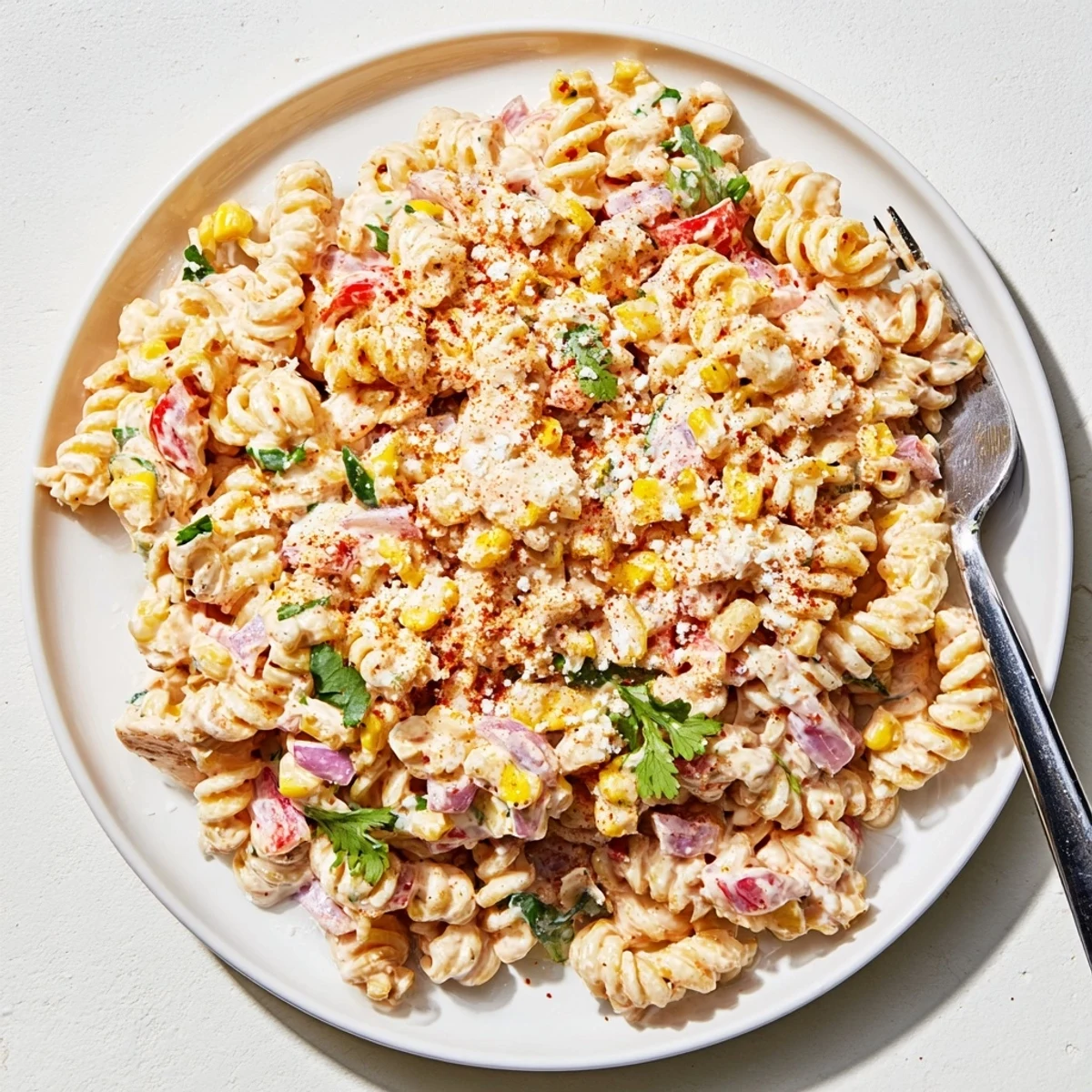 Creamy Mexican Street Corn Pasta Salad with sweet corn, cotija, lime, and cilantro in a chilled bowl.