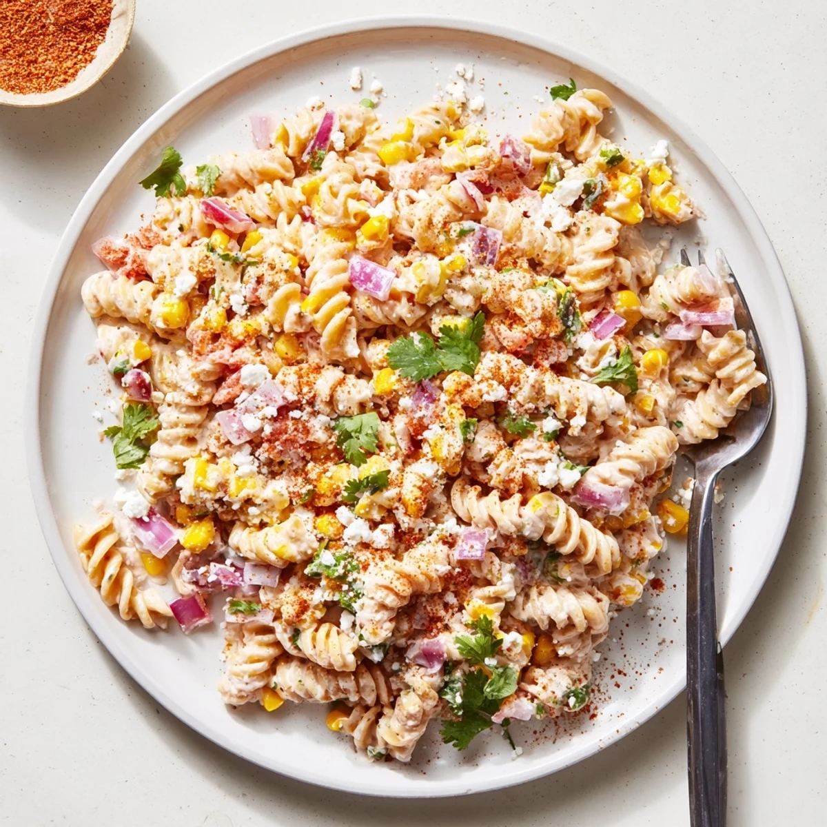 Mexican Street Corn Pasta Salad tossed with charred corn, zesty lime dressing, and fresh cilantro garnish.