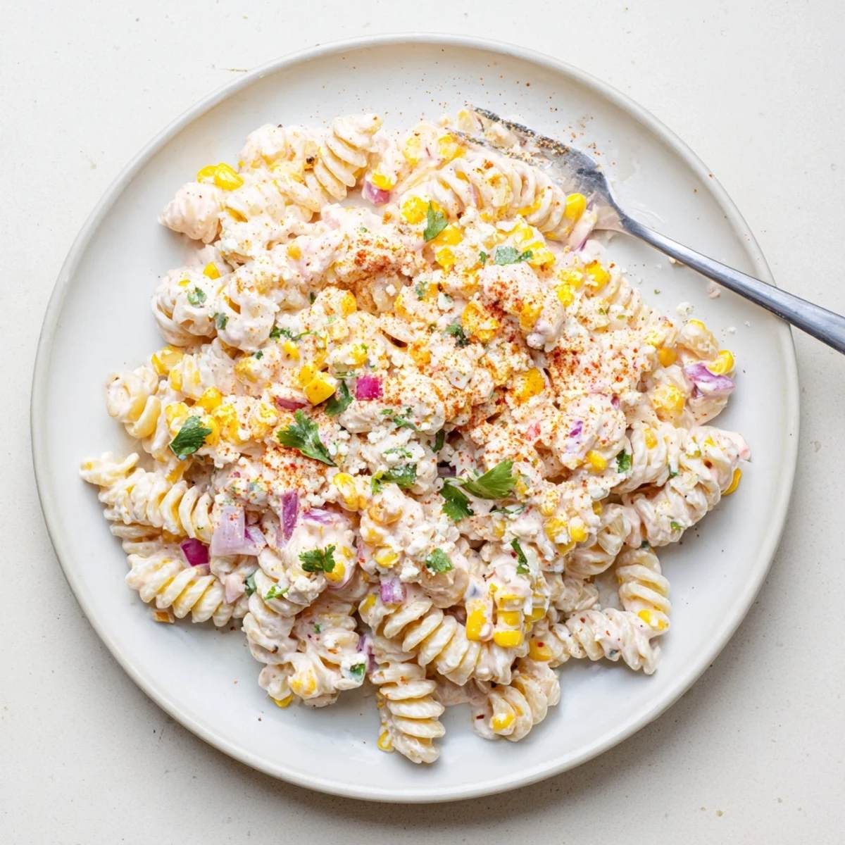 Colorful Mexican Street Corn Pasta Salad featuring rotini, red onion, jalapeño, and smoky chili-lime dressing.