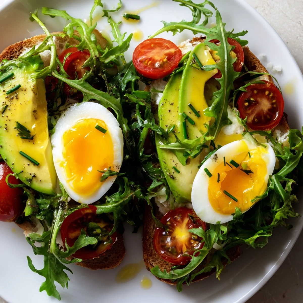 Freshly halved soft-boiled eggs rest on sourdough toast with mixed greens and avocado in this Savory Breakfast Plate.