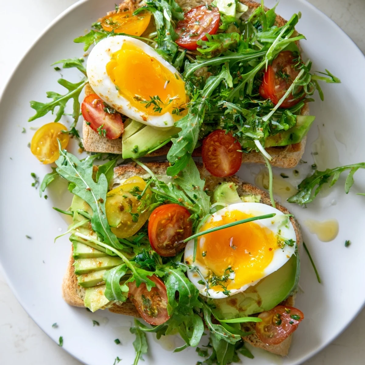The Savory Breakfast Plate showcases golden toast, juicy cherry tomatoes, and a lemony olive oil drizzle over greens.