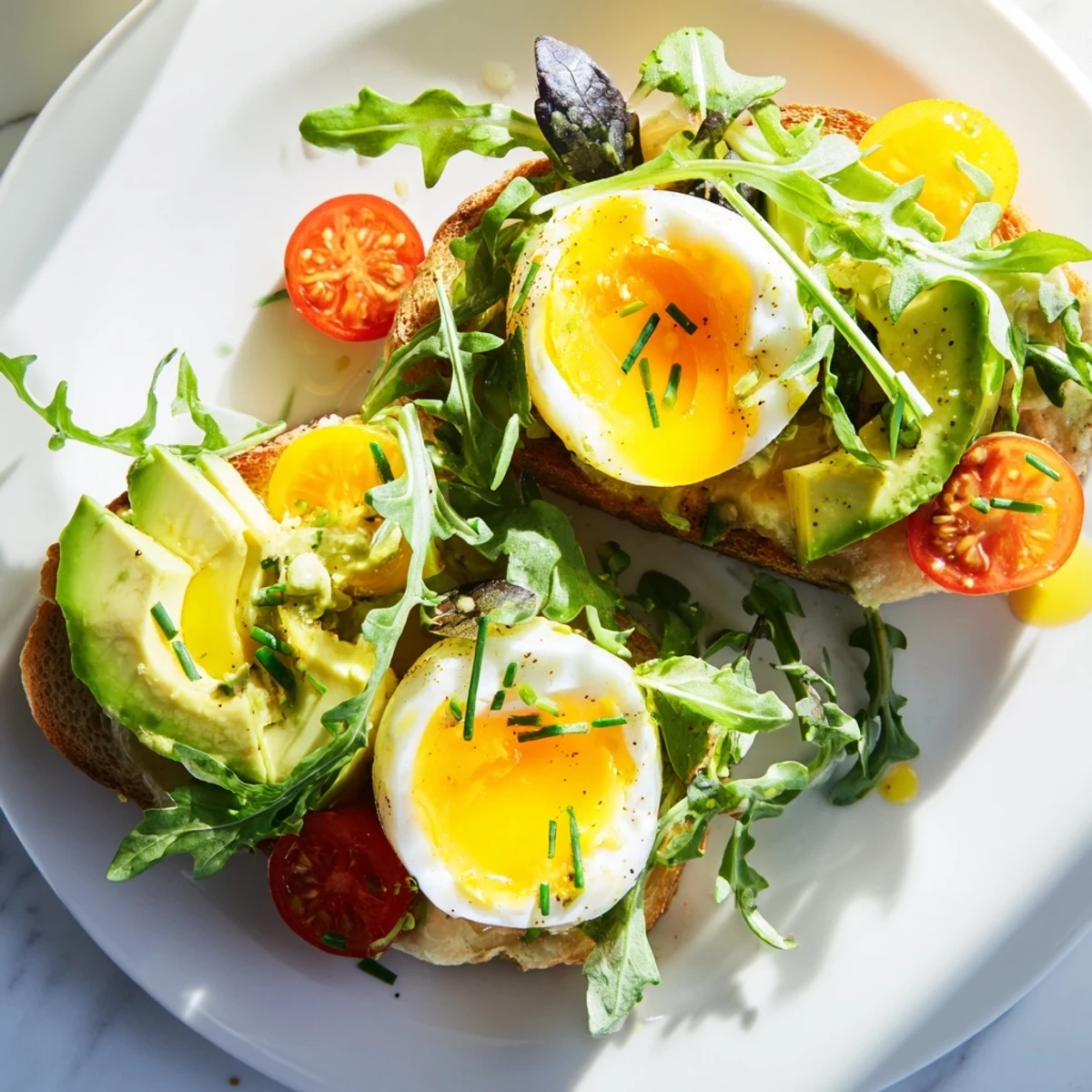 Vibrant greens and creamy avocado frame runny yolks of the Savory Breakfast Plate beside crisp artisan toast.