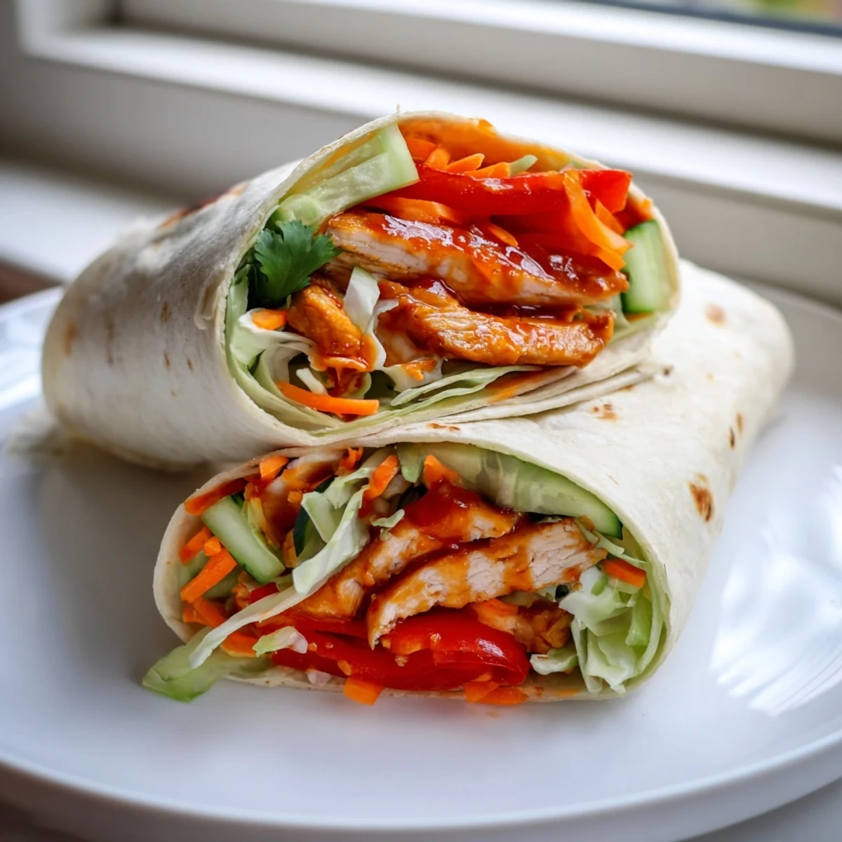 Golden sweet chili chicken wrapped in soft flour tortillas with crisp colorful vegetables