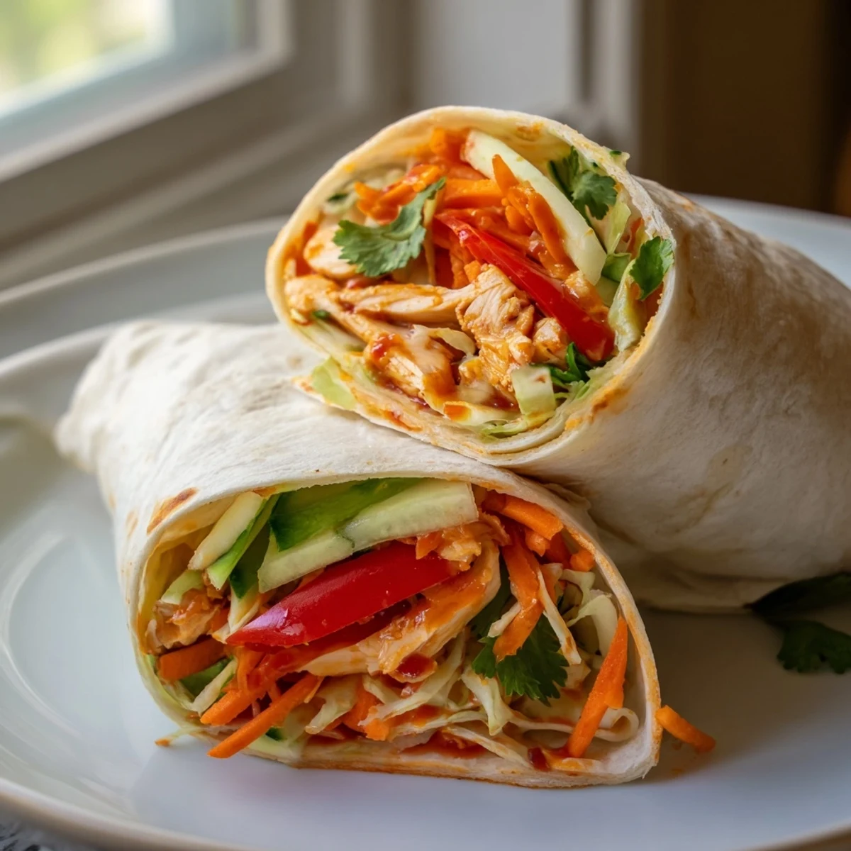 Fresh chicken strips glazed in tangy sweet chili sauce inside a warm tortilla wrap