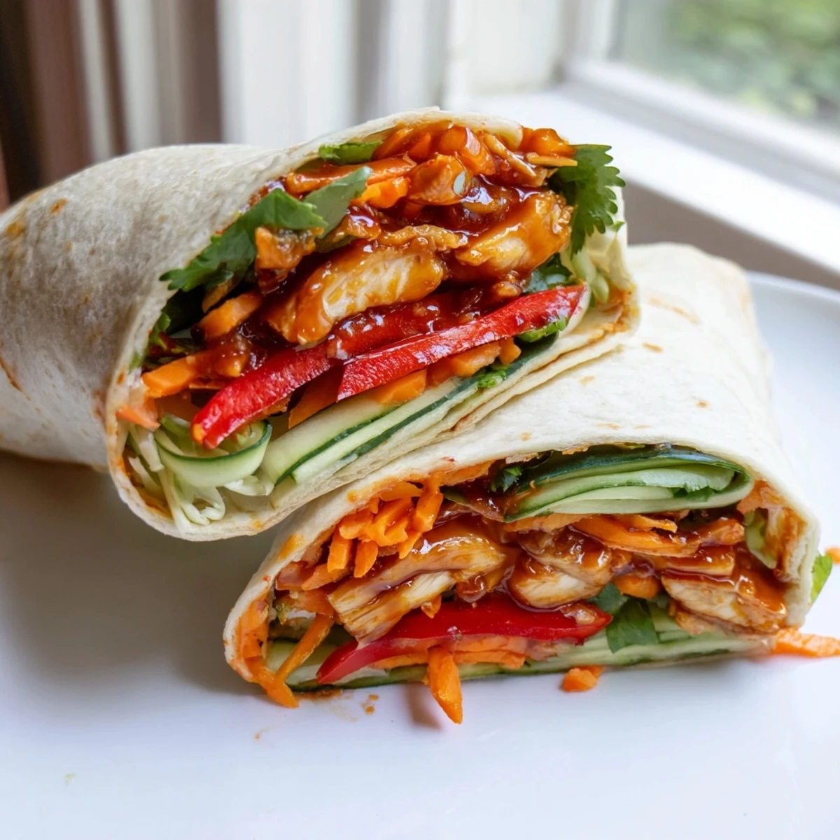 Rolled sweet chili chicken wraps showcasing tender meat julienned veggies and fresh cilantro
