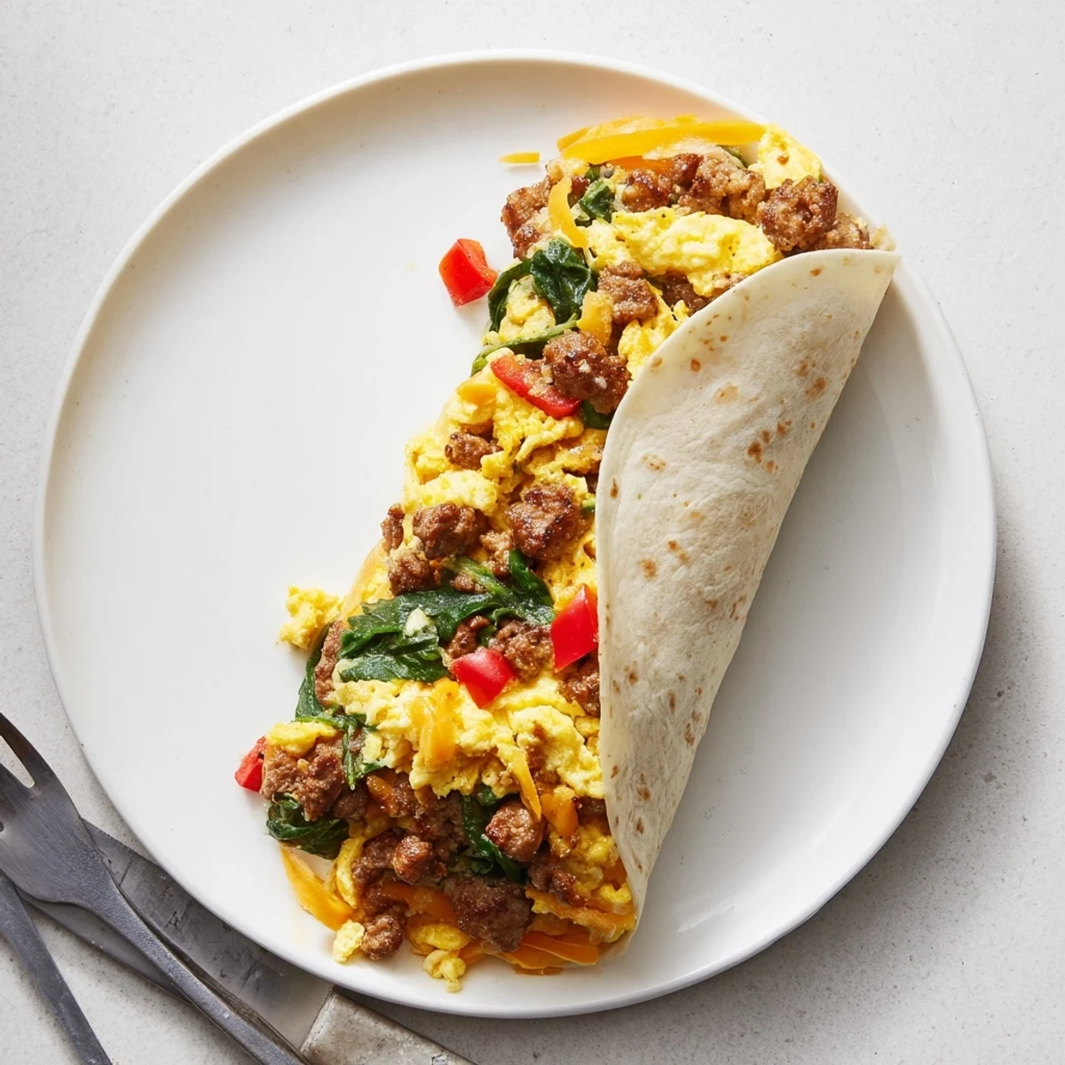 Golden make-ahead breakfast burritos stuffed with fluffy eggs, melted cheddar, and savory sausage